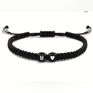Letter M with heart beads black braided bracelet or anklet adjustable